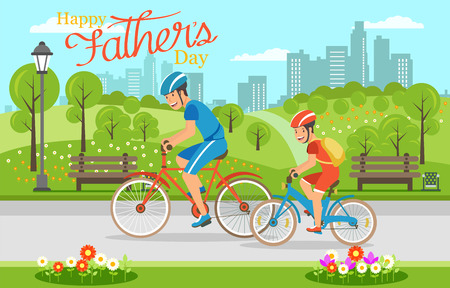 Cartoon father with son riding on bicycles in park. Vector flat illustration. Father day.のイラスト素材