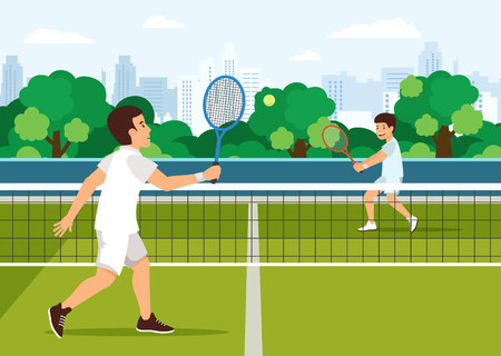 Cartoon father plays with son in tennis on tennis court. City in background.Active leisure concept.のイラスト素材