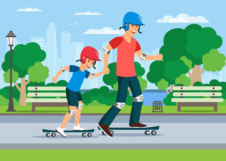 Cartoon father teaching son to ride on skate in park with city in background.Active leisure concept.のイラスト素材