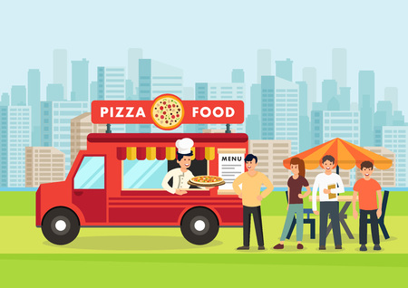 Cartoon people stand in line near pizza vagon. Pizzeria concept. Vector illustration. Clipart.のイラスト素材