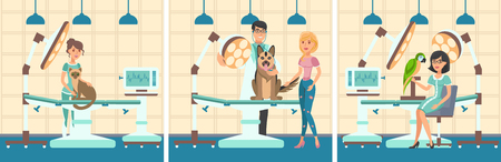 Cartoon set people with pets in examination room of veterinary clinic. Cat, German shepherd and parrot at reception to veterinarian. Vector illustration. Clipart.のイラスト素材