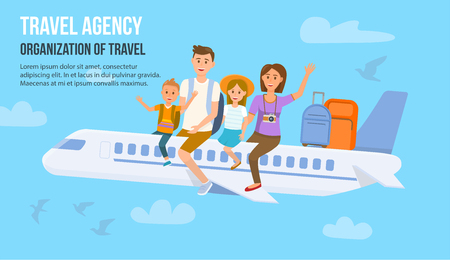 Traveling Family on Vacation. Family Travel. Father, Mother, Son and Daughter at Airport. Happy Family concept. Family Travel by Plane. Travel Agency. Organization of Travel. Vector Illustration.のイラスト素材