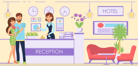 Boy and Girl Accommodated in Hotel. Booking a Hotel. Service on Vacation. Lovers come to Rest. Honeymoon in Resort. Guy and girl are resting in Summer at sea. Vector Illustration.のイラスト素材