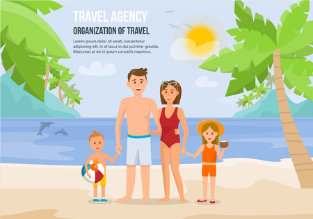 Happy Family on Beach. Father, Mother, Son and Daughter enjoying Beach Vacation walking on Sand. Parents and Children having Fun at Beach. Summer Vacation on Seashore. Vector Illustration.のイラスト素材