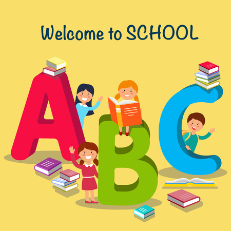 Study at School. Children Font in Cartoon style. Schoolchildren learn Alphabet. Colored Letters and Schoolchildren with Books. Funny ABC and Schooling Concept. Vector Flat Illustration.のイラスト素材