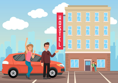 Accommodation in Hostel. Broker Services. Man and Woman in Background of Hostel Building. Travelers and Temporary Housing. Couple came to Hostel by Car. Vector Flat Illustration.のイラスト素材