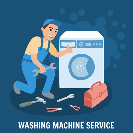 Washing Machine Service. Plumbing Specialist with Toolbox Fixing, repairing Washing Machine. Plumbing Service. Plumber Design Concept set with Repair. Vector Illustration.のイラスト素材