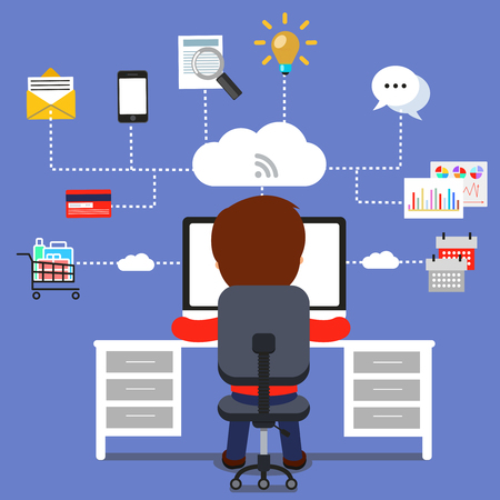 Study at School. Student boy at Computer. Schooling Concept. Digital Technology in School Education. Schoolboy, Training and Network. Gadgets and Internet in Modern School. Vector Flat Illustration.のイラスト素材