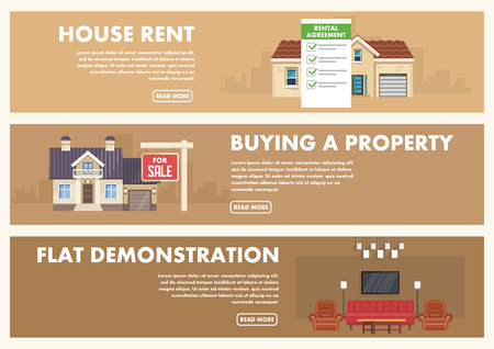 Real Estate Service. House Rent, Buying Property, Flat Demonstration. Advertising and Property Service. Real Estate Agency Concept. Rental Agreement. Vector Flat Illustration.のイラスト素材