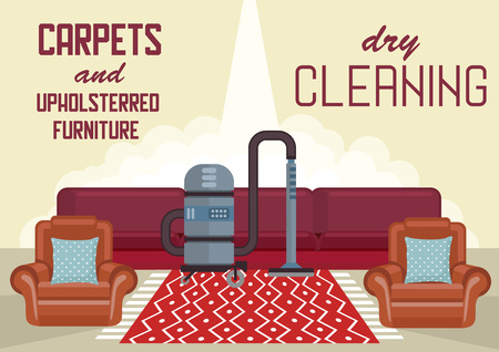 Dry Cleaning Carpets and Upholstered Furniture. Cleaning Service Business Concept. Washing Vacuum Cleaner. Advertising Banner Cleaning Service. House Disinfection. Vector Flat Illustration.のイラスト素材