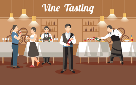 Wine Tasting Concept. Professional Staff holding Wine Bottle. Catering Service and Coctail Banquet. Order Drink Business. Alcohol in Wineglass and Snack. Vector Flat Illustration.のイラスト素材