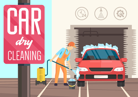 Car Dry Cleaning Concept. Male Worker Cleans Auto. Man and Washing Vacuum Cleaner. Carwash and Repairs Around the Clock. Cleaning Service Business. Car Wash Advertising. Vector Flat Illustration.のイラスト素材