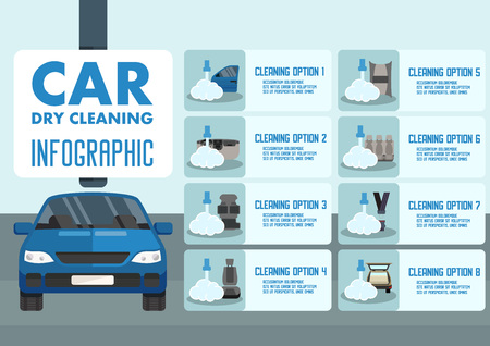 Car Dry Cleaning Infographic Concept. Detergent and Washing Vacuum Cleaner. Carwash and Repairs Around the Clock. Cleaning Service Business. Car Wash Advertising Banner. Vector Flat Illustration.のイラスト素材