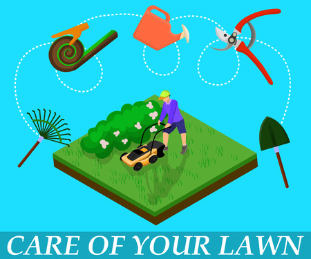 Care for Lawn Infographic. Farmer Man with Lawnmower and Garden Tools. New Technologies for Care of Plants. Growth Natural Organic. Soft Grass. Male with Lawn Mower. Vector Flat Illustration.のイラスト素材