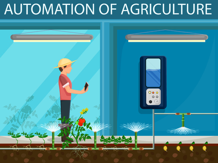 Automation of Agriculture Concept. Drip Irrigation of Seedlings using Technology. Fertilizer on Field. Man Farmer Working. Growth Natural Organic. Vector Flat Illustration.のイラスト素材