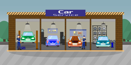 Car Service and Repair Concept. Car Maintenance in Garage. Automobile Workshop Set. Car Mechanic Work. Mechanic Workers Repair of Vehicles. Diagnostic Car Service. Vector Flat Illustration.のイラスト素材