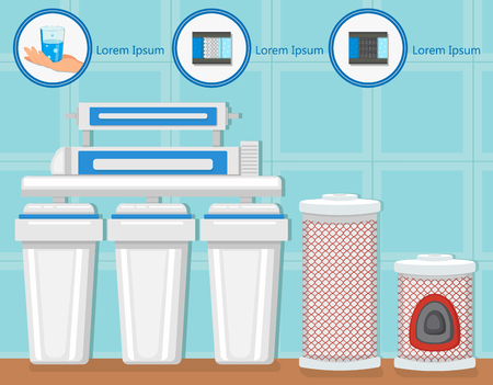 Water Purification Filters and Filtration System. Water Treatment Plant Concept. Destruction Bacteria Set. Aqua Treatment Technology. Pure Aqua Business. Vector Flat Illustration.のイラスト素材
