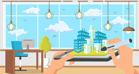 Architectural Agency Business Concept. 3d Layout of City on Screen. Interior Office Space. Hands holding Tablet. Building Project. Work in Architectural Bureau. Vector Flat Illustration.のイラスト素材