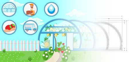 Greenhouse Concept. Strawberry Harvest in Hand. Harvesting Concept. Growing Plants. Watering and Irrigation System. Crop Delivery. Fruit Picking Work. Farm Business. Vector Flat Illustration.のイラスト素材
