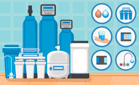 Water Treatment Concept. Aqua Business. Water Purification System. Destruction Bacteria. Flasks with Filters and Fluid Reservoir. Purification and Filtration Technology. Vector Flat Illustration.のイラスト素材