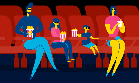 Family in Cinema Hall. Mom, Dad and Kids in 3d Glasses. Family Leisure and Entertainment. People Have Popcorn and Watching 3d Movie. Parents, Boy and Girl Have Fun Together. Vector EPS 10.のイラスト素材
