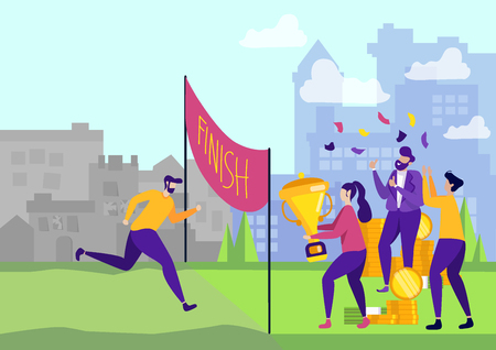 Businessman Running Race for Success. Concept of Money and Finances. People at Finish Holding Trophy Cup. Corporate Work on Startup. Leadership and Competition. Winner Motivation. Vector EPS 10.のイラスト素材