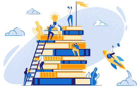 Businessman on Stack of Books. Concept of Leadership and Marketing Education. Business Coaching. Man with Loudspeaker. Advertisement, Announcement. Stairway to Success. Startup Rocket. Vector EPS 10.のイラスト素材