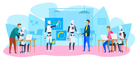 Robot Office Workers. People and Humanoids Handshaking. Work Together. Creative Industrial AI. Futuristic Technology. Innovation Robot. Artificial Intelligence Concept.のイラスト素材