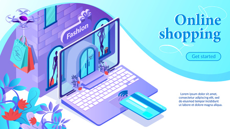 Online Shopping. Internet Fashion Store in Laptop. Door, Windows and Showcases. Buy Clothes Online. Drone Delivers Bags. E-Commerce. Buy with Credit Card. Sales and Marketing. Isometric Vectorのイラスト素材