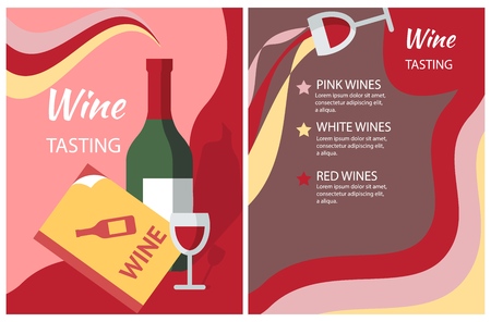 Wine menu flat vector template. Wine degustation. Alcohol drinks list card cartoon concept. Pages, cover design idea with alcoholic beverages names. Restaurant, cafe, wineshop banner layoutのイラスト素材