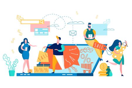 Small People on Large Laptop. E-Commerce and Advertising. Men and Women. Shopaholics Buying Clothes. Sale and Discount. People Buy Online. Internet Shop. Consumerism Concept.の写真素材