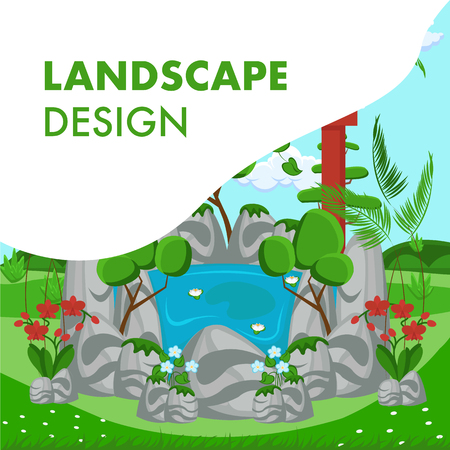 Landscape Design Flat Vector Banner Template. Nature Illustration, Text Space, Headline. Lake, Flower, Tree, Stone, Field Design Element. Scenery Concept Clipart. Landscaping Agency Poster Ideaのイラスト素材