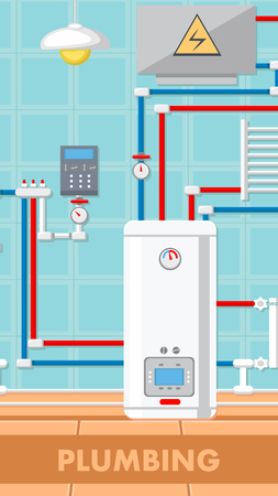 Plumbing Concept Flat Vector Illustration. Boiler Room Equipment. Radiator, Water Pipe, Electrical Panel. Blue Checkered Wall. Heating System. Hot, Cold Water. Print Color Design Drawing, Text Spaceのイラスト素材
