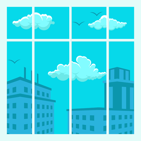 Cityscape View Design Flat Vector Illustration. Contemporary Office, Home Window. Web Banner Idea. Architecture Poster. Housing Complex, Skyscraper, Cloud, sky, Bird. Interior, Exterior Conceptのイラスト素材