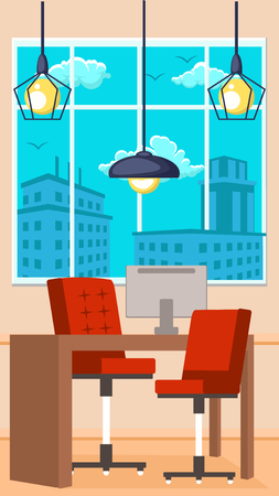 Office Interior Design Flat Vector Illustration. Contemporary Work Space, Work Place Decoration with Cityscape View. Architecture Poster Idea, Banner Cartoon Clipart. Office Furniture. Indoor Conceptのイラスト素材