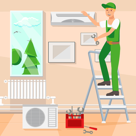Repair Design Flat Vector Illustration. Repairer Fix Air Conditioning Cartoon Character. Web Banner, Poster Idea. Ladder, Tool Box, Split System, Air Conditioning, Tools. Repairing Company Bannerのイラスト素材