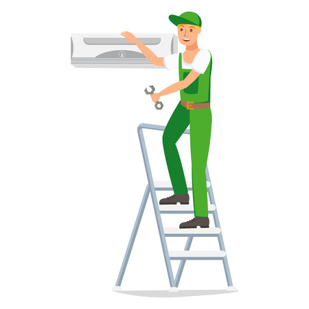 Repairman Vector Design Character. Man Hand Holding Tool. Workman on Ladder Fixes Air Conditioning. Repair Flat Cartoon Drawing Illustration. Printing Clipart. Repairing Company Banner Design Elementのイラスト素材