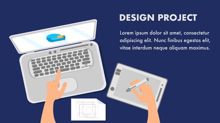 Design Project Website Flat Banner Vector Template. Isolated Workspace Color Illustration. Furniture Designer Working with Graphics Tablet and Laptop. Designing Company Web Page Idea with Text Spaceのイラスト素材