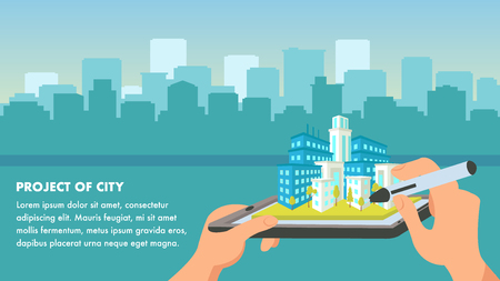 City Project Flat Design Vector Illustration. Isometric 3d Skyscraper. Cityscape Silhouette. Hand Holding Graphics Tablet with Housing Complex. Construction Company Banner. Poster Design, Text Spaceのイラスト素材