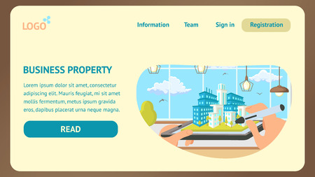 Business Property Landing Page Vector Template. Building Investment, Sale. Isometric Cityscape. Flat Illustration, Text Space. Constructing Company Website. Architecture Design Web Banner Conceptのイラスト素材