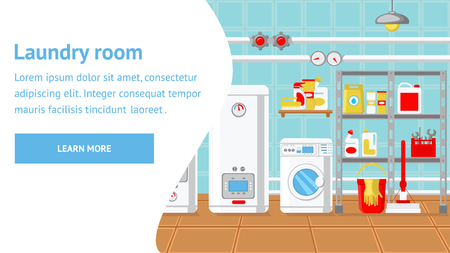 Laundry Room Web Page Vector Template. Contemporary Bathroom Decoration. Flat Illustration, Text Space. Boiler, Washing Machine, Detergents, Bucket, Gloves, Pipes. Designing Company Landing Pageのイラスト素材