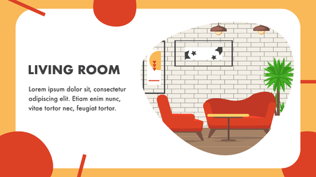 Living Room Website Vector Banner Template. Apartment Interior Color Illustration. Flat Design. Architecture Service Landing Page, Text Space. Sofa, Armchair. Construction Company Webpage Ideaのイラスト素材