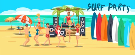 Surf party banner flat template. Sea resort activities. Young people in swimsuits with surfboards on ocean beach. Surfers dancing, have fun cartoon characters. Summer time illustration with letteringのイラスト素材