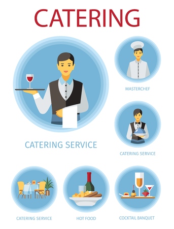 Banquet service flat illustrations set. Restaurant, cafe, cafeteria cartoon design elements. Waiters, barmen, chef cook and food cliparts collection. Poster, web banner, website page vector drawingsのイラスト素材