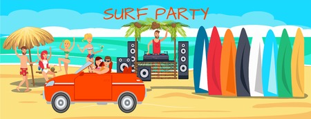 Surf party illustration with lettering. Sea resort activities. Young people with surfboards on ocean beach. Surfers dancing, driving car cartoon characters. Summer time banner flat templateのイラスト素材