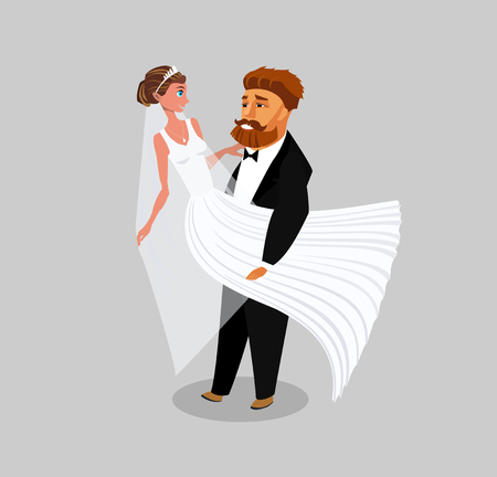 Newlyweds, Just Married Color Vector Illustration. Groom Carrying Bride Flat Drawing. Wife in White Dress, Husband in Suit Cartoon Characters. Engagement, Marriage Celebration Postcard Conceptのイラスト素材