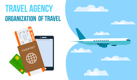 Airlines, Travel Agency Horizontal Vector Banner. Air Ticket, Passport, Smartphone Flat Drawing. Travel Voucher. Airplane Flying in Sky. Tour Operator Poster, Flyer with Text. Vacation Organizationのイラスト素材