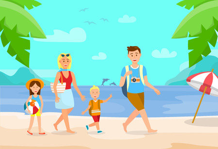 Summer Vacation on Beach Cartoon Illustration. Family on Holiday Flat Drawing. Holidaymakers on Sea Resort. Parents with Children Vector Characters. Exotic Journey. Tropical Island. Outdoor Activitiesのイラスト素材