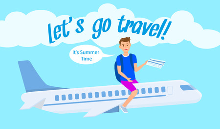 International Airlines Vector Banner Template. Travel Agency Vector Flyer with Text. Student Exchange Program. Teenager with Boarding Pass, Ticket. Cartoon Character Sitting on Plane Flat Drawingのイラスト素材
