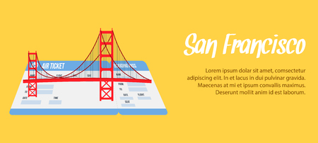 San Francisco Vector Banner, Poster with Copyspace. Golden Gate Bridge Flat Drawing. USA Tourist Attraction Flat Illustration. Travel Postcard. World Famous Landmark on Boarding Pass, Airplane Ticketのイラスト素材